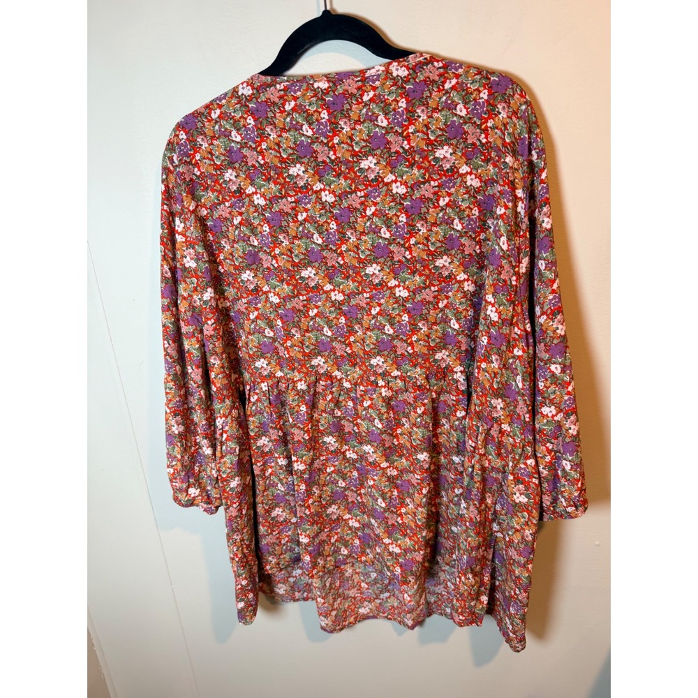 Agnes Orinda Women 3X Red Floral Babydoll Blouse 3/4 Sleeve Notched Neck Tunic - Picture 7 of 8